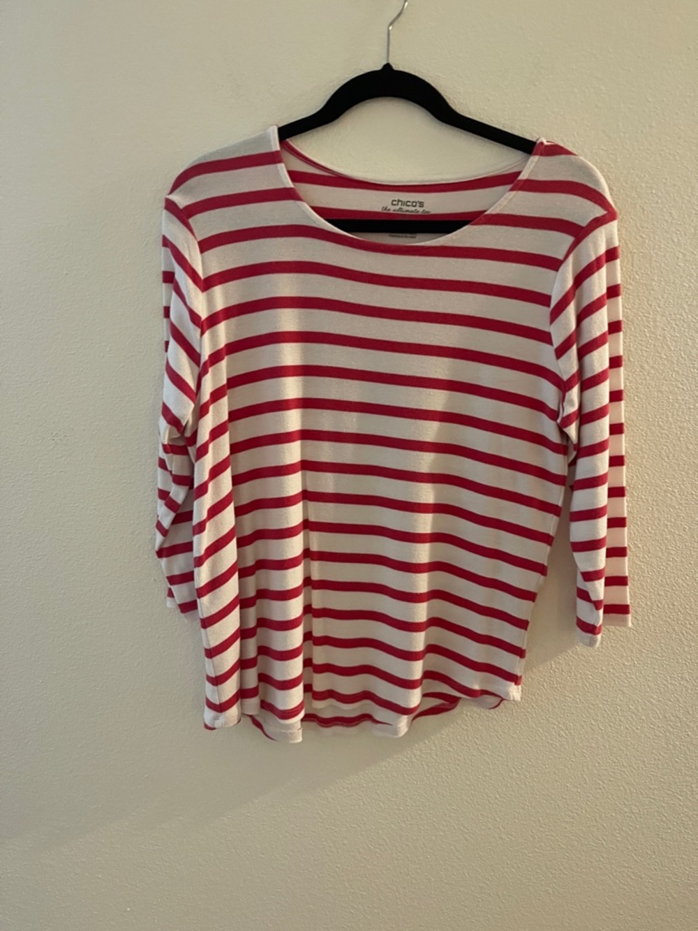 Chico's White and Red Striped Boatneck Long Sleeve Top